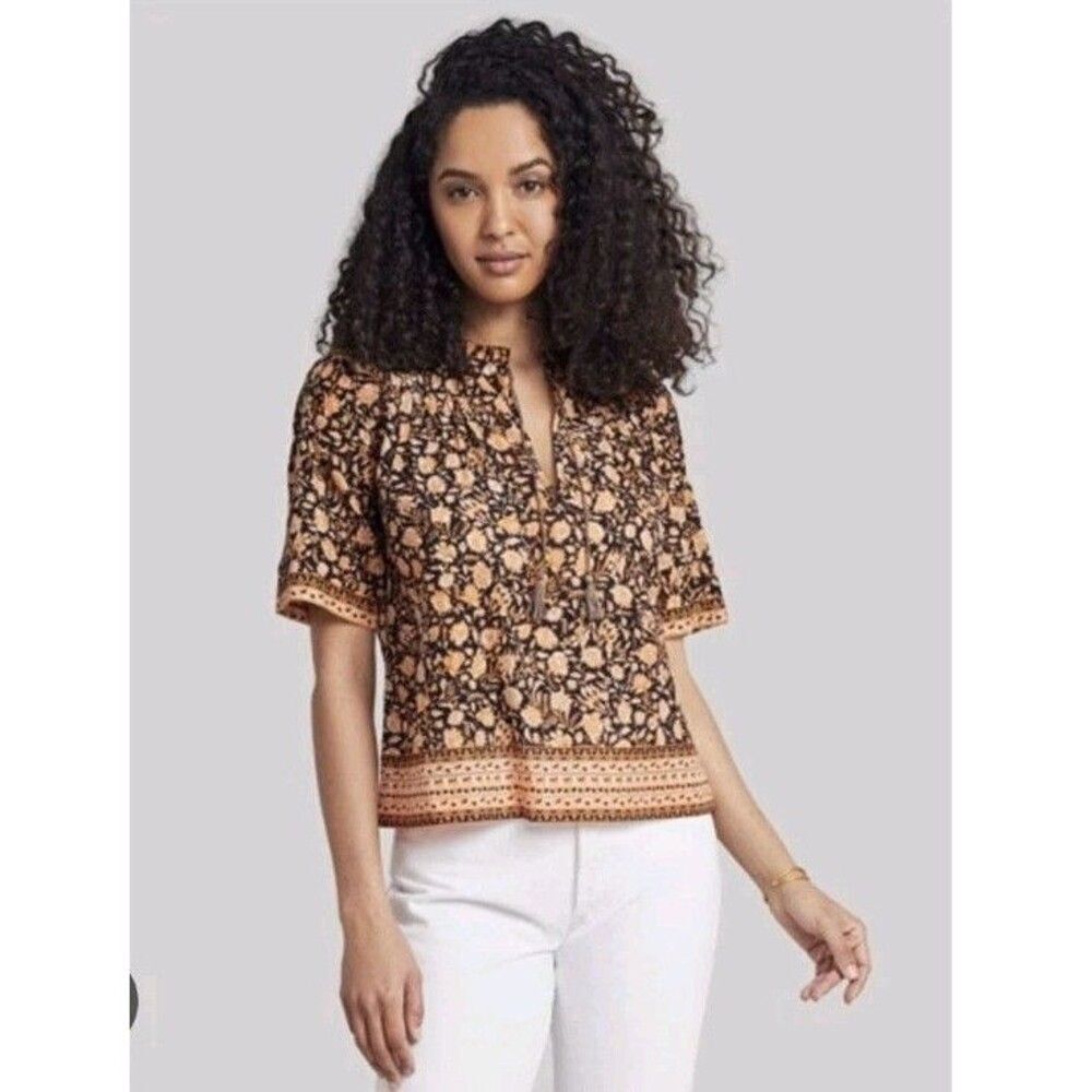 Faherty Arcadia Wanderlust Floral Print Peasant S/S Tied Neck Blouse Size Small